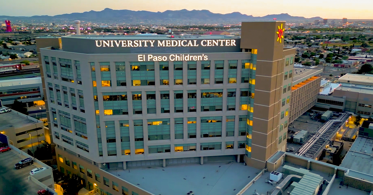 Aerial view of University Medical Center of El Paso and El Paso Children’s Hospital campus at sunset.